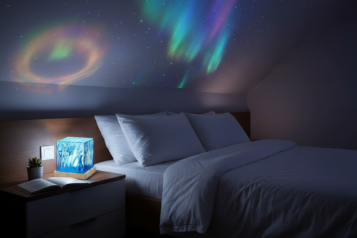 Aurora Galaxy Night Lamp in serene bedroom setting